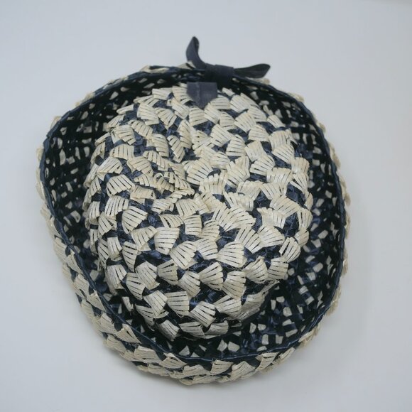 vtg MR JOHN Classic Blue White Raffia Woven Upturn Brim Mod Derby Church Hat EUC main image 4